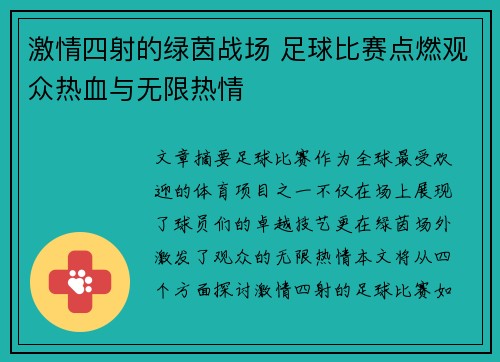 激情四射的绿茵战场 足球比赛点燃观众热血与无限热情