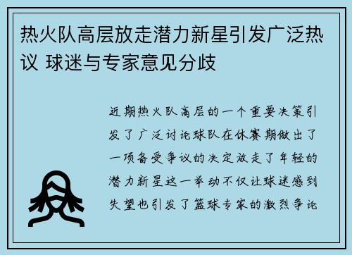 热火队高层放走潜力新星引发广泛热议 球迷与专家意见分歧